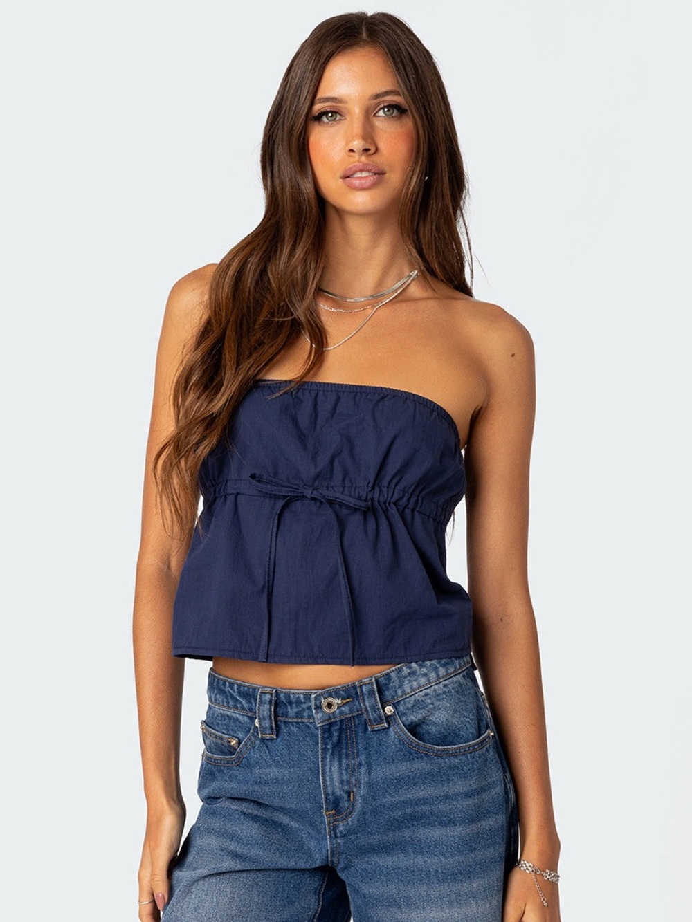 Edikted Bow Scrunch Strapless Bubble Tube Top Vintage Navy Blue